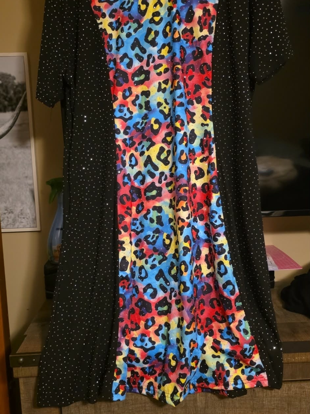 Women Black Leopard Dress with Rainbow Leopard Print Panel And Rhinestones!